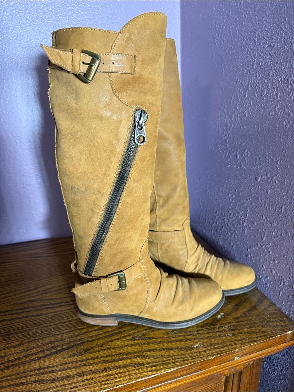 Steve Madden Tan Slouchy Moto Riding Boots - Knee High